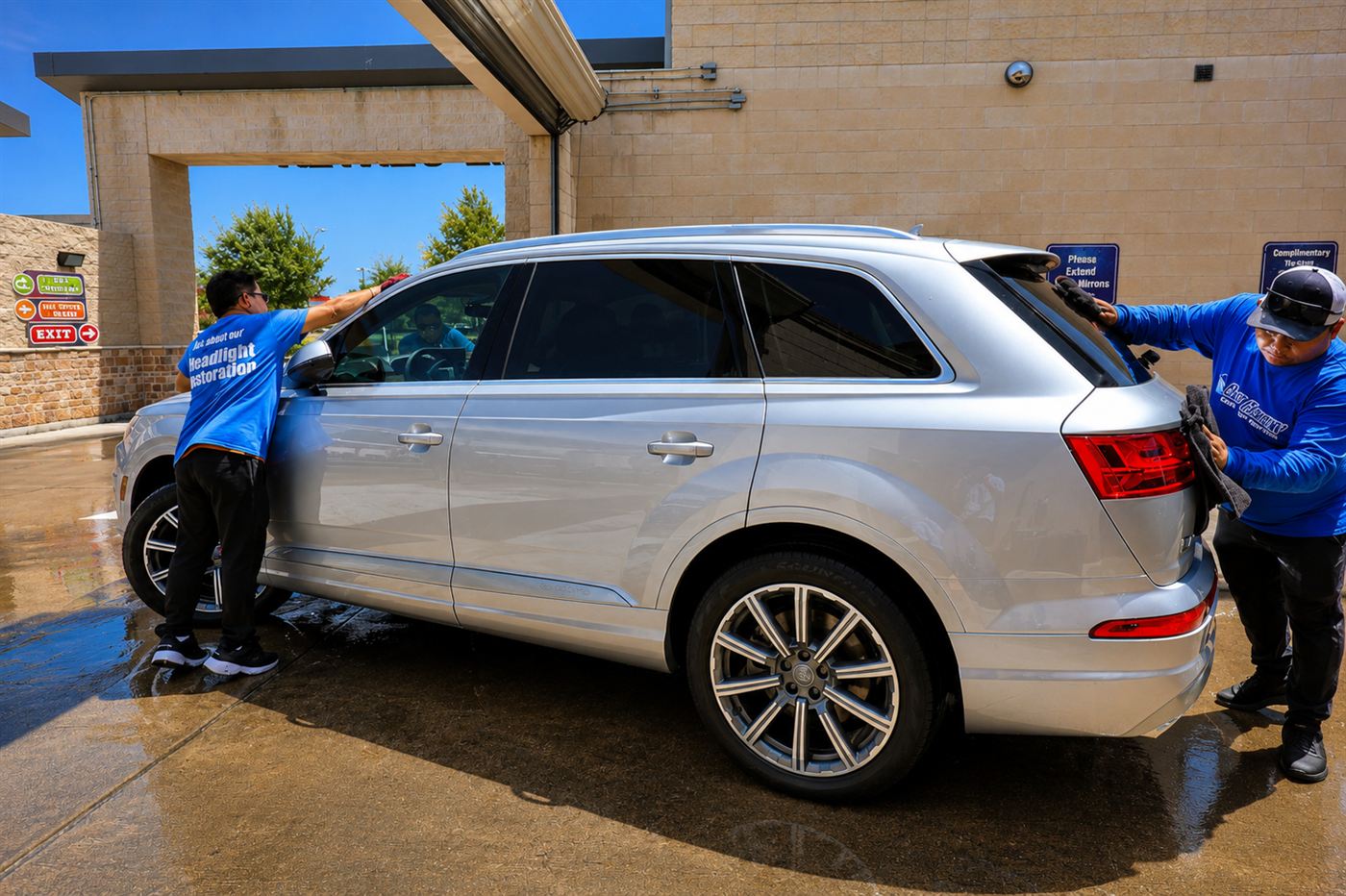 Two crew members finishing a silver SUV by hand under the canopy
