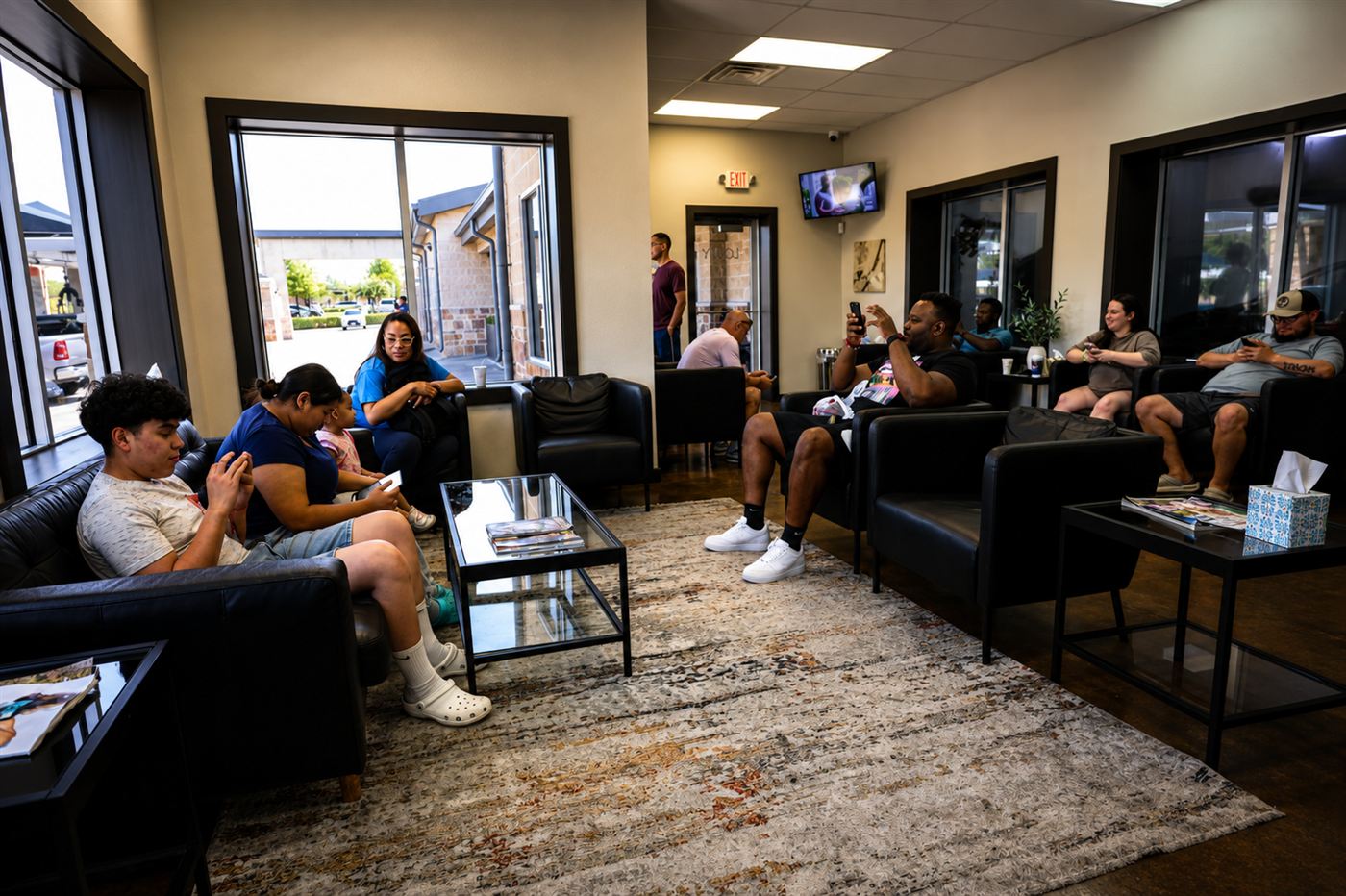 Busy customer lounge with families and customers relaxing in black leather chairs