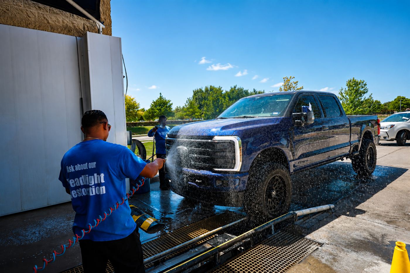 Two crew members in blue Clean Getaway shirts pressure-washing a lifted pickup truck