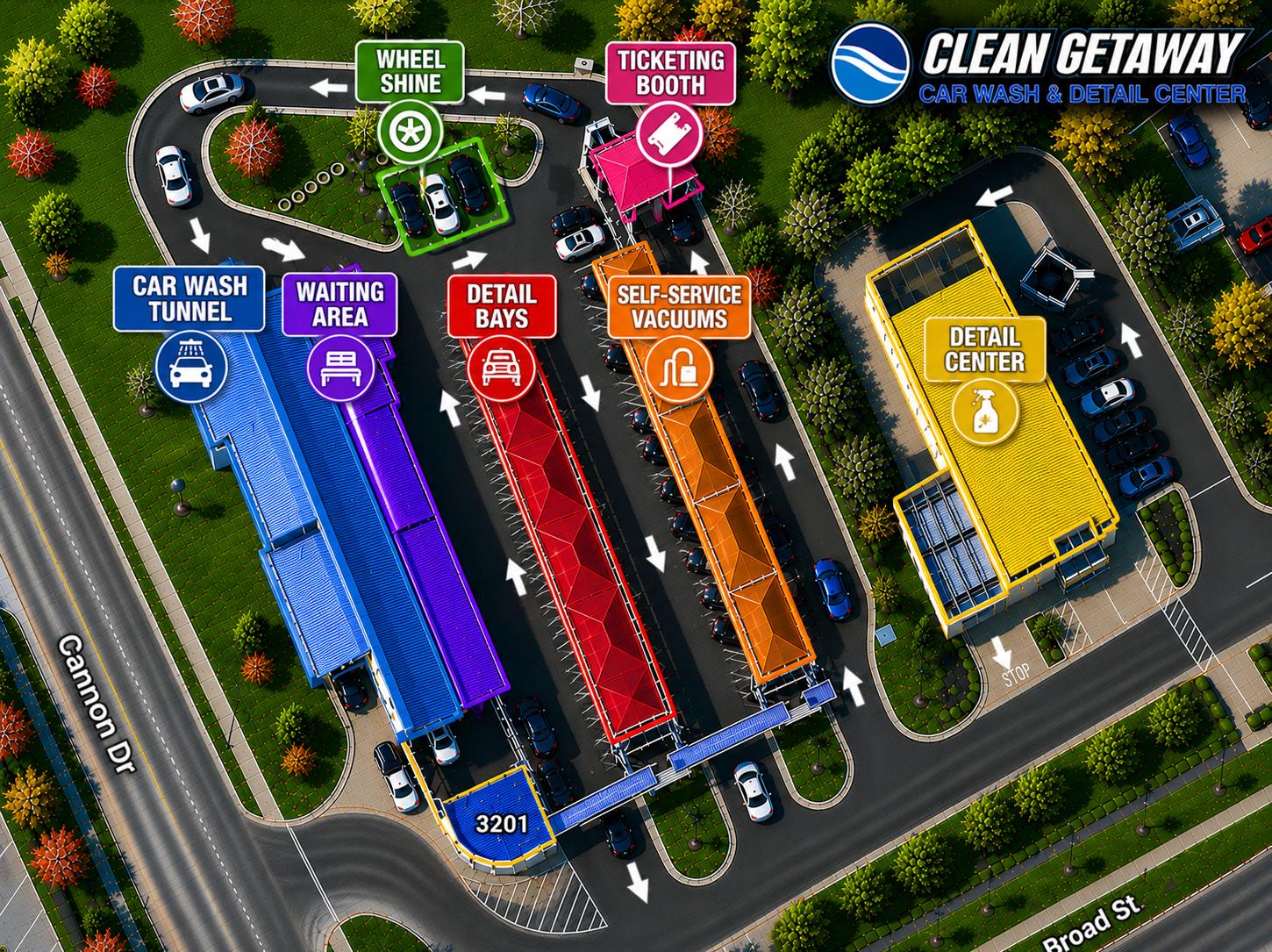 Illustrated top-down map of the Clean Getaway property: enter from E. Broad St, ticketing booth, car wash tunnel, wheel shine, waiting area, detail bays, self-service vacuums, and the Detail Center building